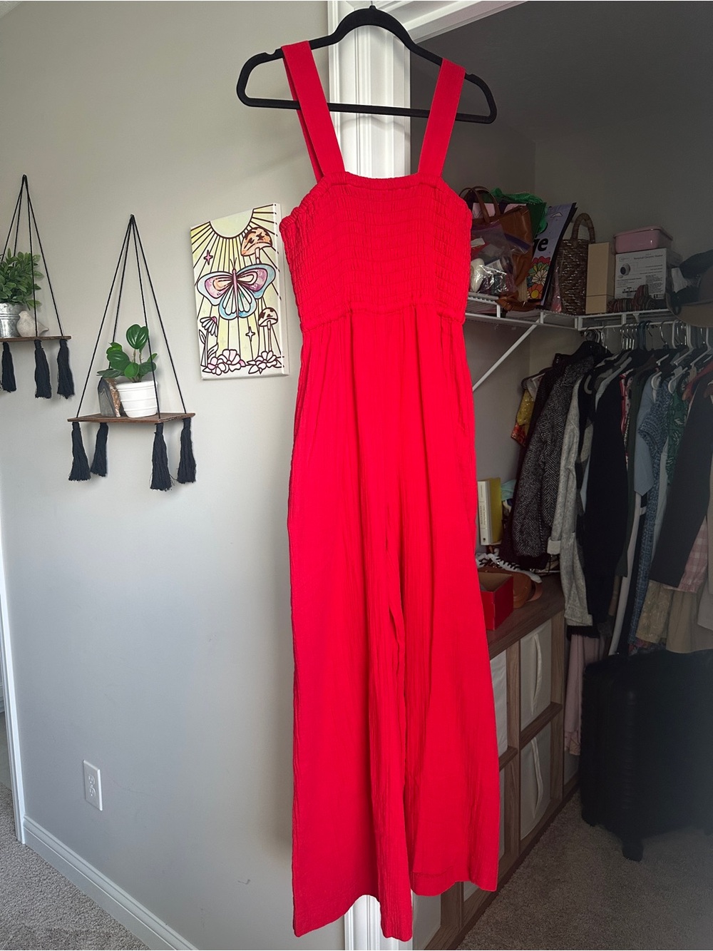 Quince Bright Red Smocked Wide-Leg Jumpsuit